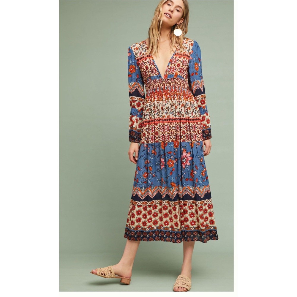 Raga Dress XS Paisley Floral Border Print Smocked Quilted Peasant Empire Maxi